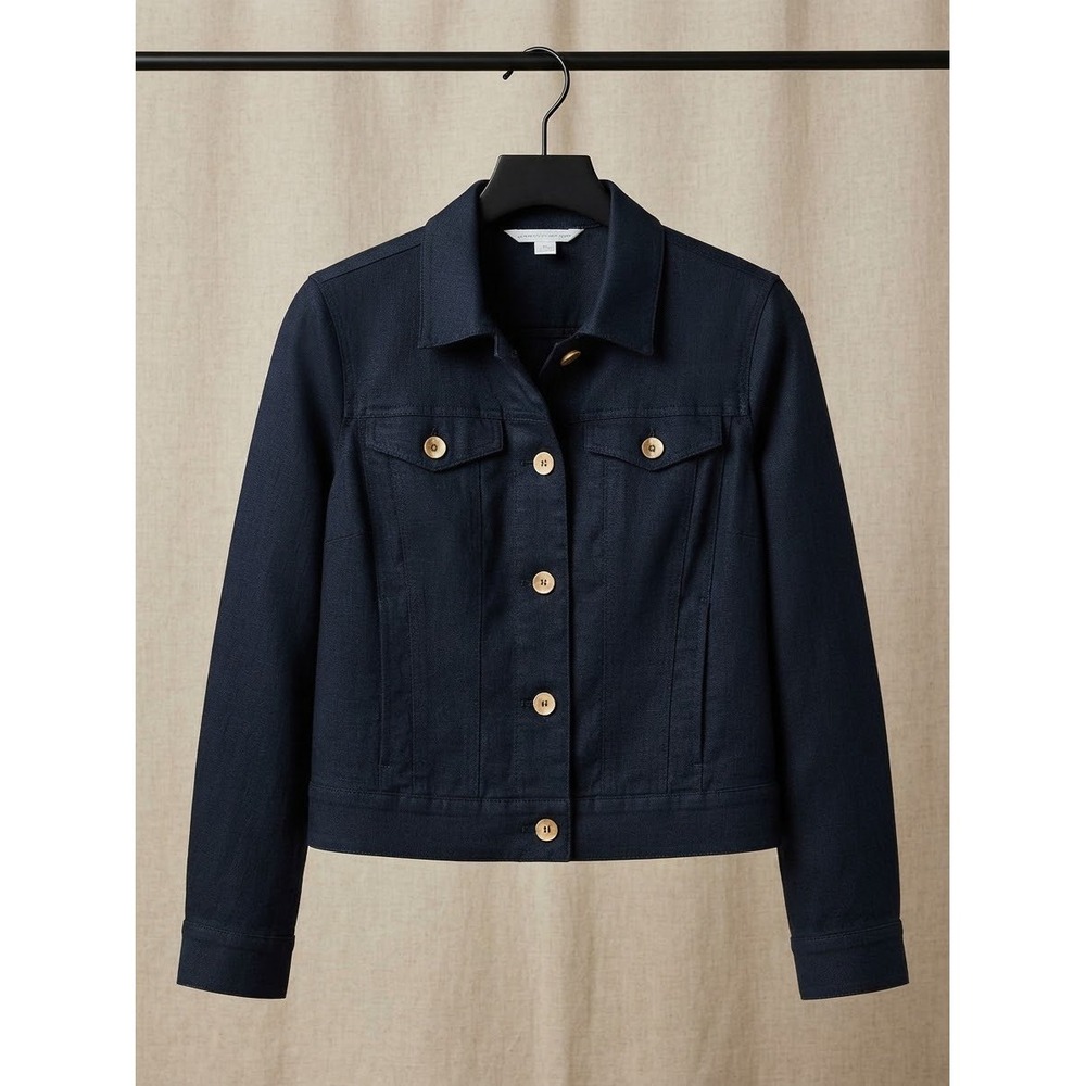 Coldwater Creek Navy Blue 100% Linen Trucker Jacket Women Small 612280